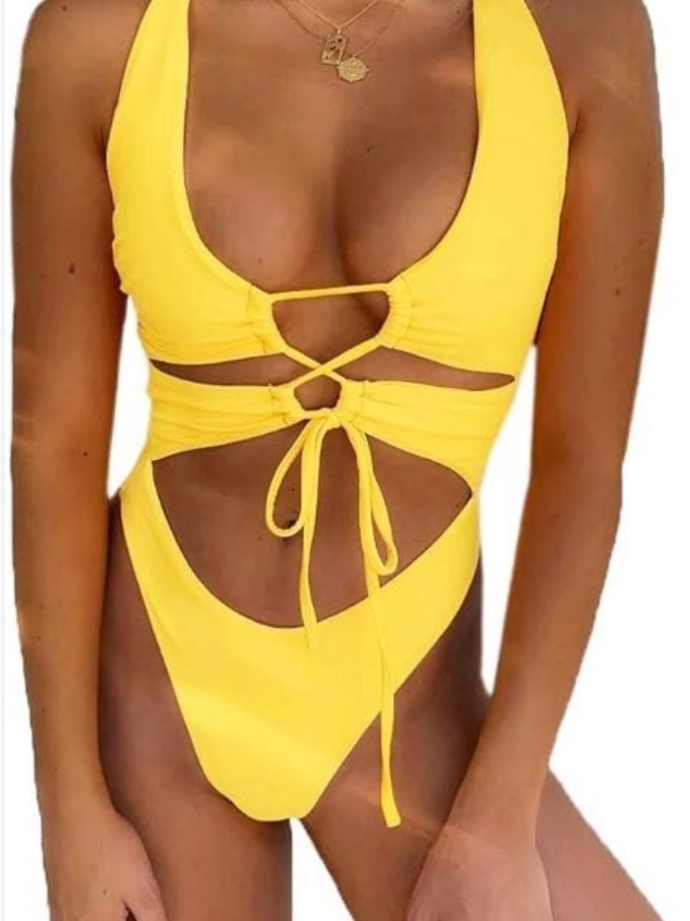 Yellow Cutout One-Piece Swimsuit with Front Tie